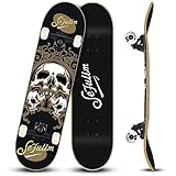 Sefulim Skull Skateboard Complete 31x8 inches Double Kick Trick Skateboards Cruiser Penny Beginners Longboard with Maple Deck Adult Boys Also Girls Skateboard…
